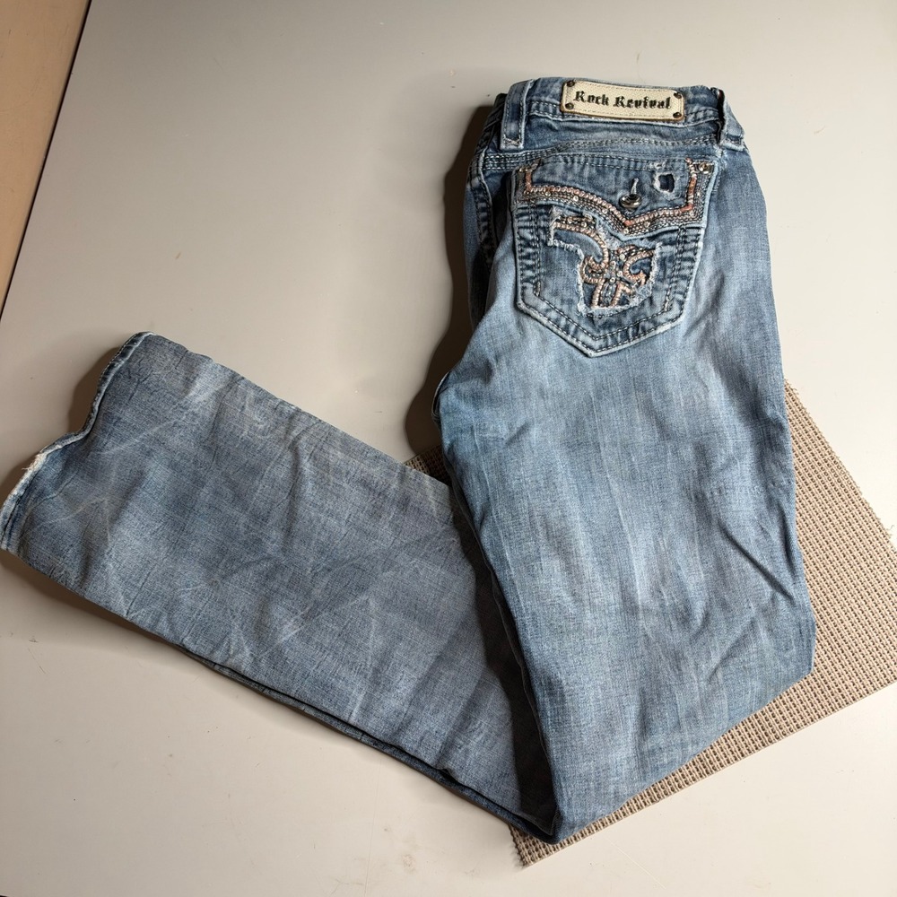 Rock Revival Bootcut Jeans Light Wash Embroidered Sequin Pockets Size 31